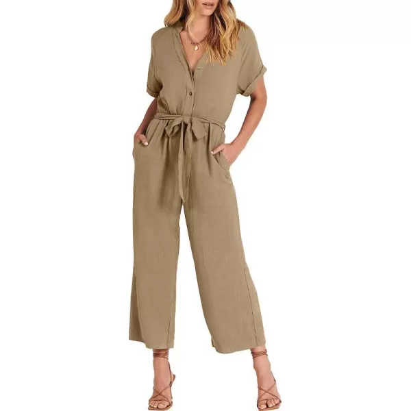 imageANRABESS Womens Short Sleeve V Neck Buttons Waist Belt Straight Wide Leg Cropped Jumpsuits Rompers with PocketsKhaki