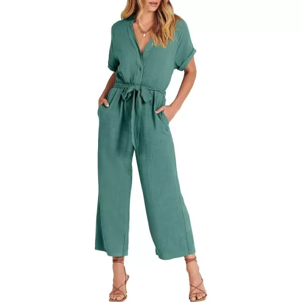 imageANRABESS Womens Short Sleeve V Neck Buttons Waist Belt Straight Wide Leg Cropped Jumpsuits Rompers with PocketsLake