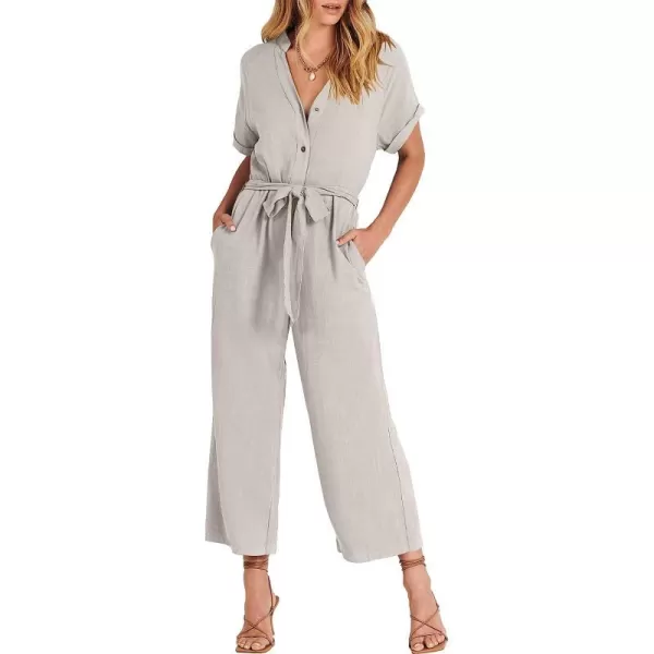 imageANRABESS Womens Short Sleeve V Neck Buttons Waist Belt Straight Wide Leg Cropped Jumpsuits Rompers with PocketsLight Grey