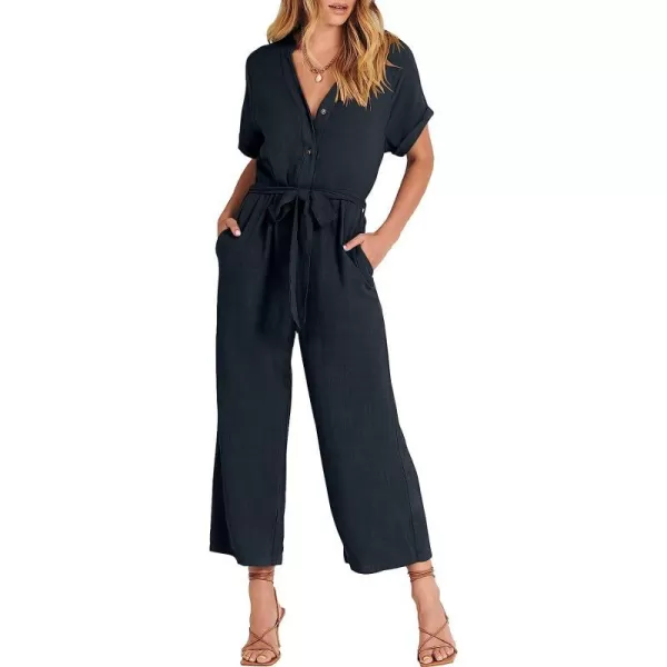 imageANRABESS Womens Short Sleeve V Neck Buttons Waist Belt Straight Wide Leg Cropped Jumpsuits Rompers with PocketsNavy Blue