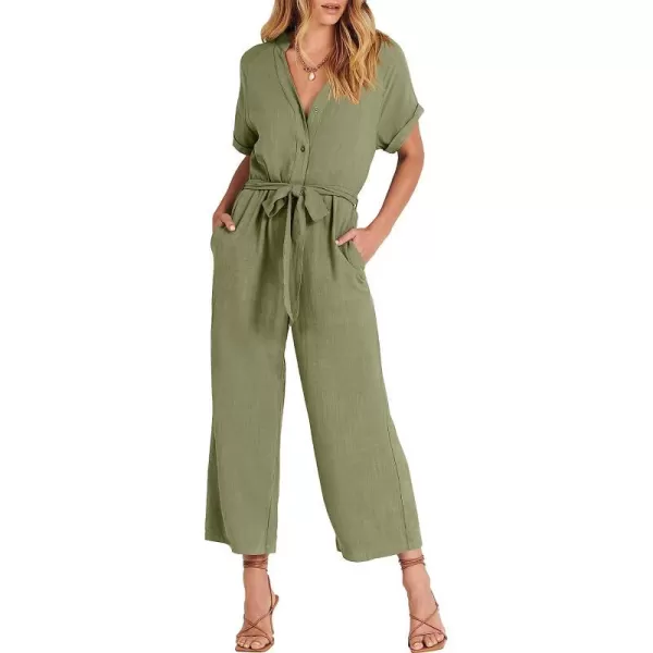 imageANRABESS Womens Short Sleeve V Neck Buttons Waist Belt Straight Wide Leg Cropped Jumpsuits Rompers with PocketsOlive