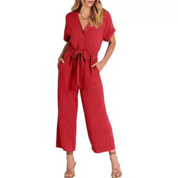 imageANRABESS Womens Short Sleeve V Neck Buttons Waist Belt Straight Wide Leg Cropped Jumpsuits Rompers with PocketsRed