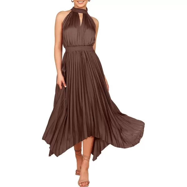 imageANRABESS Womens Sleeveless Cutout Halter Neck Satin Formal Dress Smocked Pleated Asymmetric Party Cocktail Maxi DressBrown