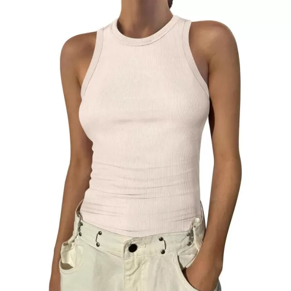 imageANRABESS Womens Sleeveless High Neck Tank Tops Summer Casual Basic Slim Fit Ribbed Tee Shirts Racerback BlousesApricot