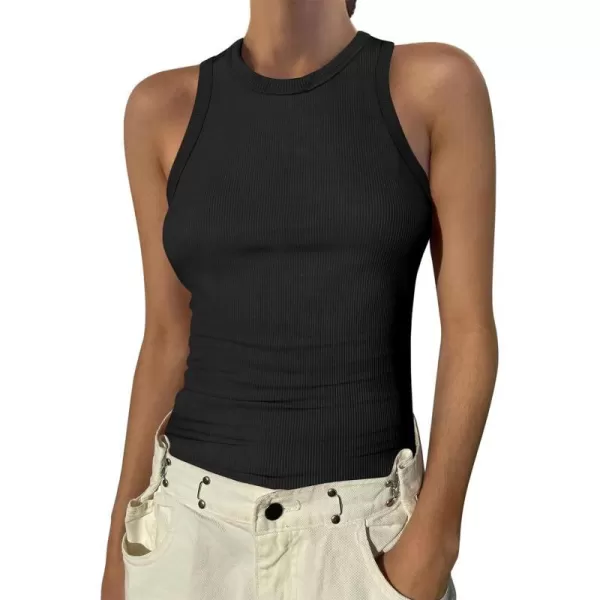 imageANRABESS Womens Sleeveless High Neck Tank Tops Summer Casual Basic Slim Fit Ribbed Tee Shirts Racerback BlousesBlack