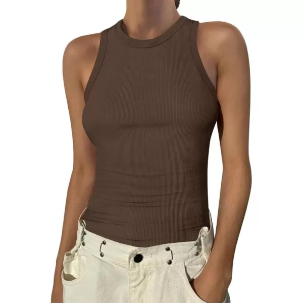 imageANRABESS Womens Sleeveless High Neck Tank Tops Summer Casual Basic Slim Fit Ribbed Tee Shirts Racerback BlousesBrown