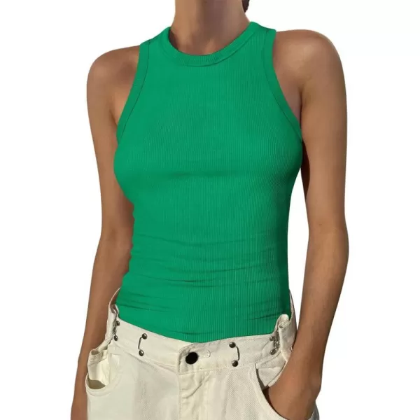 imageANRABESS Womens Sleeveless High Neck Tank Tops Summer Casual Basic Slim Fit Ribbed Tee Shirts Racerback BlousesGreen