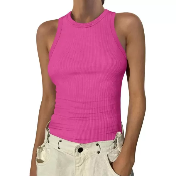 imageANRABESS Womens Sleeveless High Neck Tank Tops Summer Casual Basic Slim Fit Ribbed Tee Shirts Racerback BlousesHot Pink