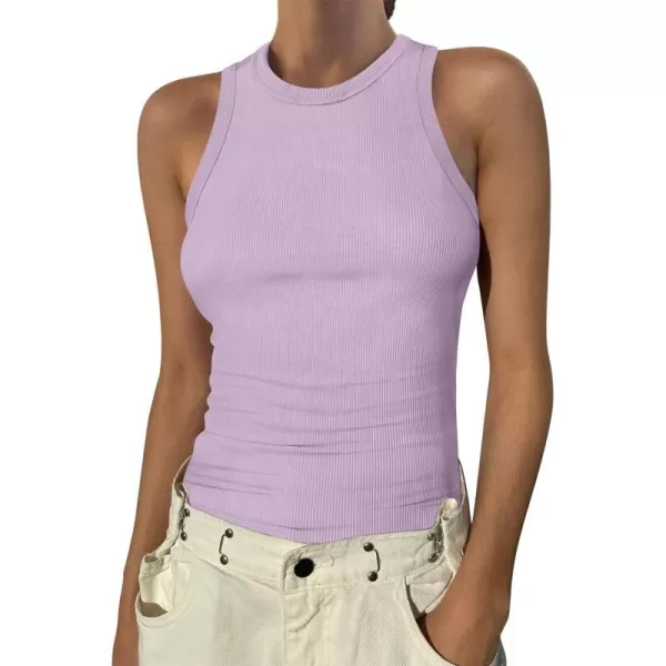imageANRABESS Womens Sleeveless High Neck Tank Tops Summer Casual Basic Slim Fit Ribbed Tee Shirts Racerback BlousesPurple