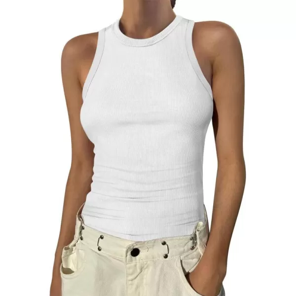 imageANRABESS Womens Sleeveless High Neck Tank Tops Summer Casual Basic Slim Fit Ribbed Tee Shirts Racerback BlousesWhite