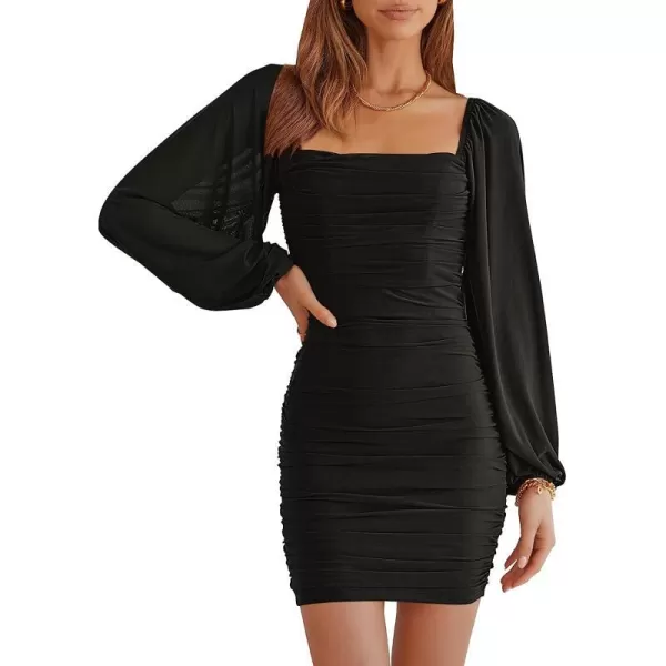 imageANRABESS Womens Square Neck Mesh Long Sleeve Ruched Bodycon Mini Dress Party Club Cocktail Short DressesBlack
