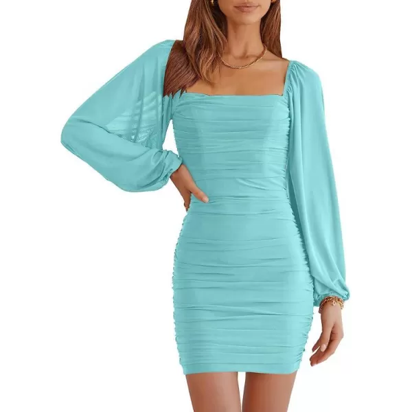 imageANRABESS Womens Square Neck Mesh Long Sleeve Ruched Bodycon Mini Dress Party Club Cocktail Short DressesBlue