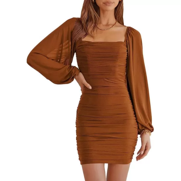 imageANRABESS Womens Square Neck Mesh Long Sleeve Ruched Bodycon Mini Dress Party Club Cocktail Short DressesBrown