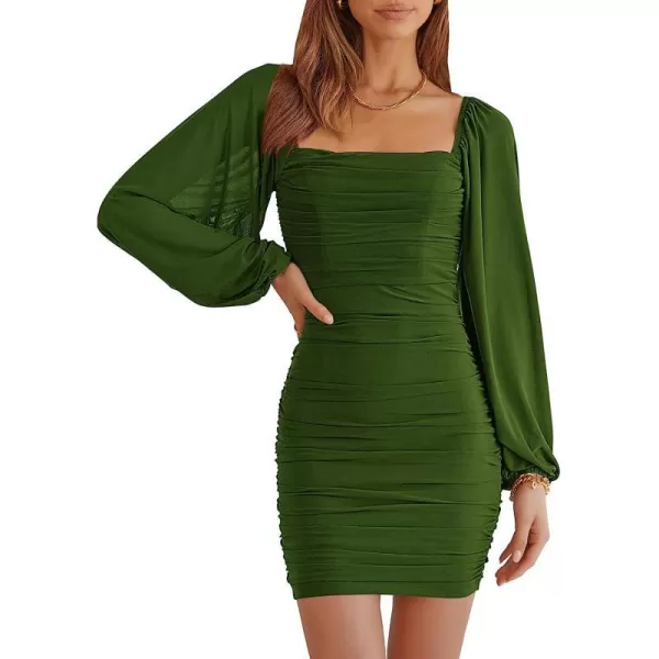 imageANRABESS Womens Square Neck Mesh Long Sleeve Ruched Bodycon Mini Dress Party Club Cocktail Short DressesDeep Green