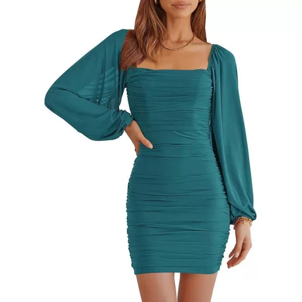 imageANRABESS Womens Square Neck Mesh Long Sleeve Ruched Bodycon Mini Dress Party Club Cocktail Short DressesLake