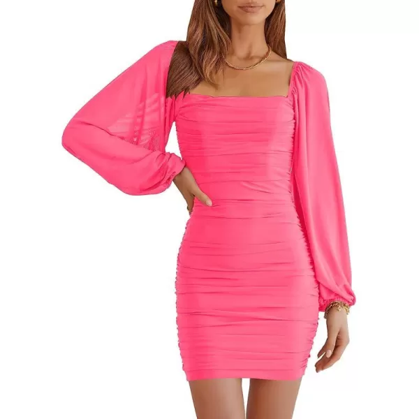imageANRABESS Womens Square Neck Mesh Long Sleeve Ruched Bodycon Mini Dress Party Club Cocktail Short DressesNeon Pink