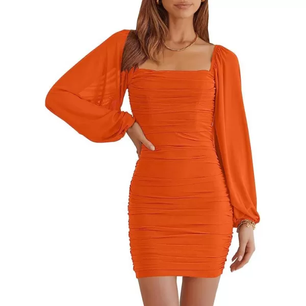 imageANRABESS Womens Square Neck Mesh Long Sleeve Ruched Bodycon Mini Dress Party Club Cocktail Short DressesOrange