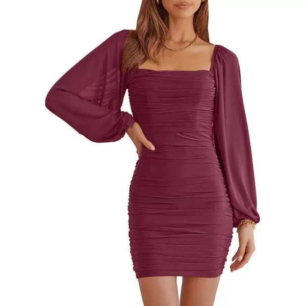 imageANRABESS Womens Square Neck Mesh Long Sleeve Ruched Bodycon Mini Dress Party Club Cocktail Short DressesPurple