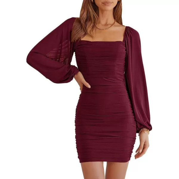 imageANRABESS Womens Square Neck Mesh Long Sleeve Ruched Bodycon Mini Dress Party Club Cocktail Short DressesWine Red