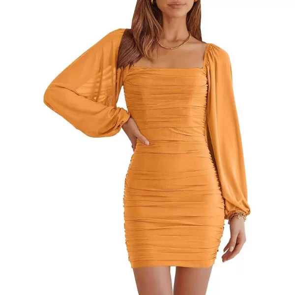 imageANRABESS Womens Square Neck Mesh Long Sleeve Ruched Bodycon Mini Dress Party Club Cocktail Short DressesYellow