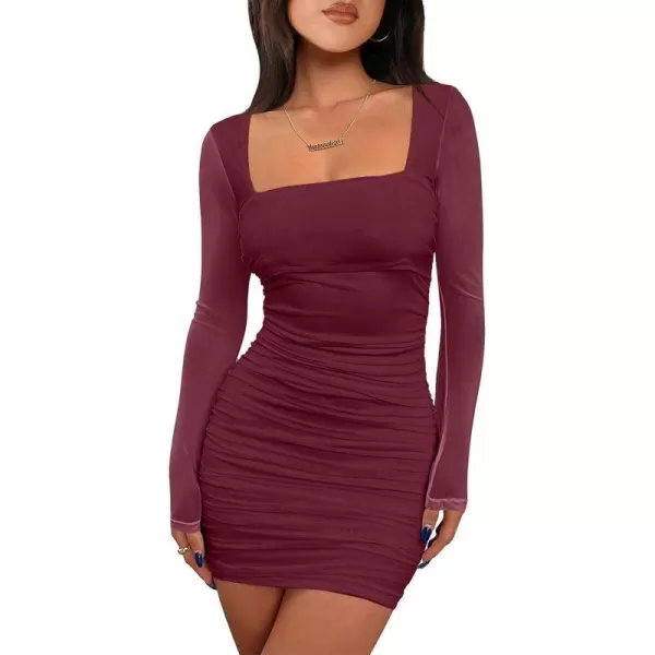 imageANRABESS Womens Square Neck Mesh Ruched Bodycon Mini Dress Puff Long Sleeve Sexy Cocktail Party Short Dresses FashionBurgundy