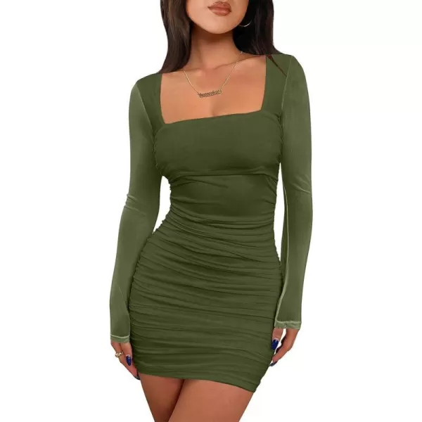 imageANRABESS Womens Square Neck Mesh Ruched Bodycon Mini Dress Puff Long Sleeve Sexy Cocktail Party Short Dresses FashionGreen