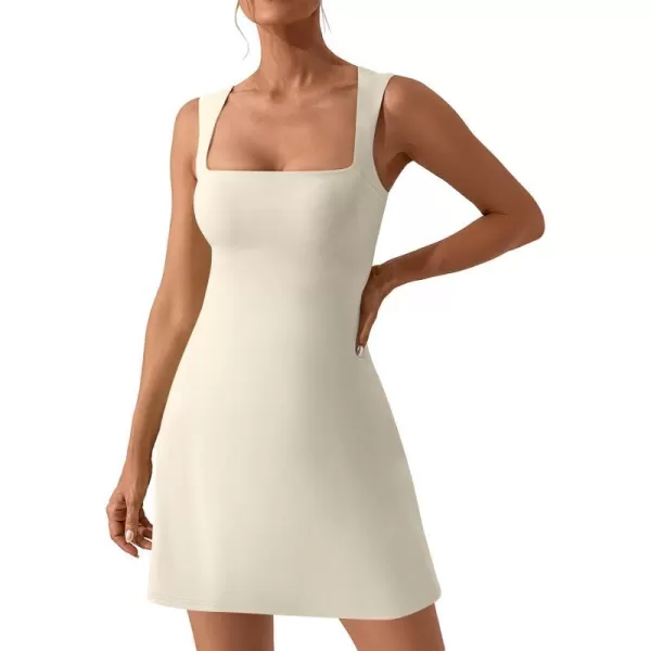 imageANRABESS Womens Square Neck Sleeveless Bodice Dress Side Slit Flare Mini DressesBeige