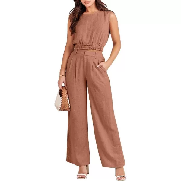 imageANRABESS Womens Summer 2 Piece Outfits Linen Crop Tank Top Lounge Matching Sets amp Long Pants Tracksuits with PocketsBrown
