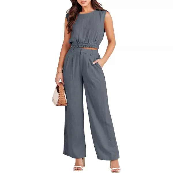imageANRABESS Womens Summer 2 Piece Outfits Linen Crop Tank Top Lounge Matching Sets amp Long Pants Tracksuits with PocketsGrey