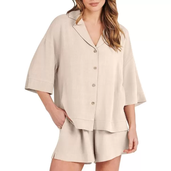 imageANRABESS Womens Summer 2 Piece Outfits Linen Sets Short Sleeve Button Tops Casual Lounge Shorts Sets with PocketsApricot