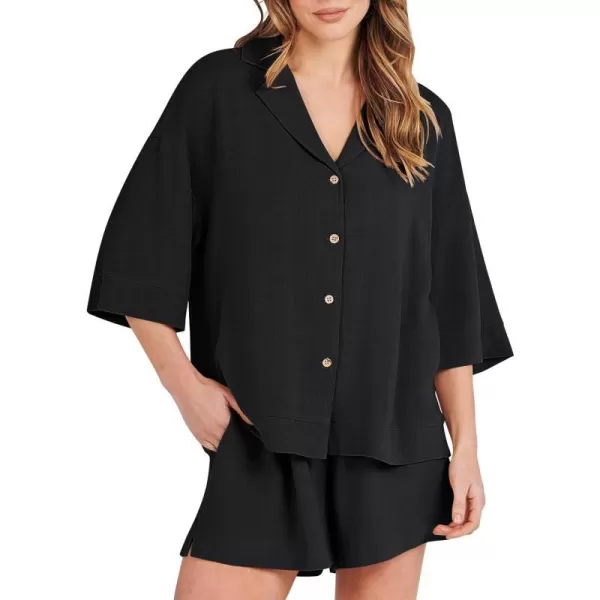 imageANRABESS Womens Summer 2 Piece Outfits Linen Sets Short Sleeve Button Tops Casual Lounge Shorts Sets with PocketsBlack