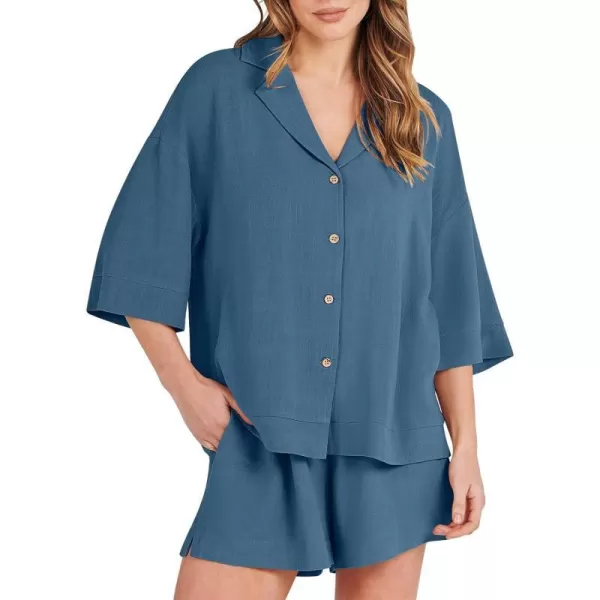 imageANRABESS Womens Summer 2 Piece Outfits Linen Sets Short Sleeve Button Tops Casual Lounge Shorts Sets with PocketsBlue