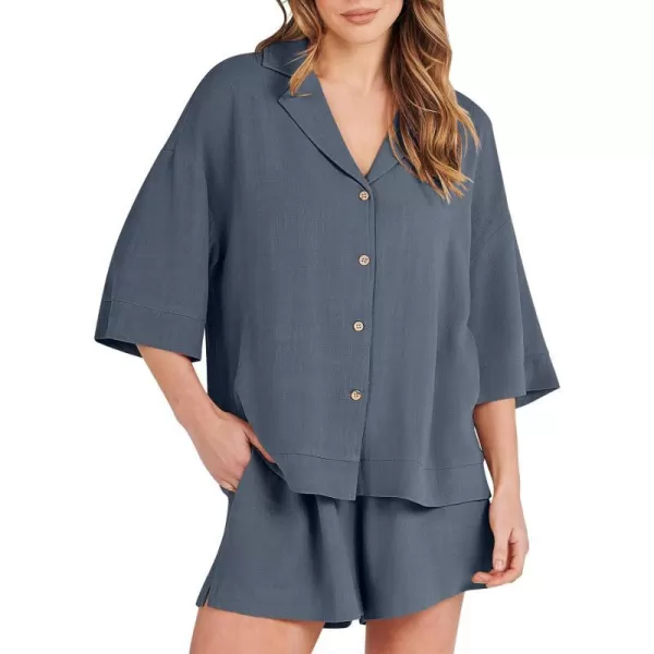 imageANRABESS Womens Summer 2 Piece Outfits Linen Sets Short Sleeve Button Tops Casual Lounge Shorts Sets with PocketsGrey
