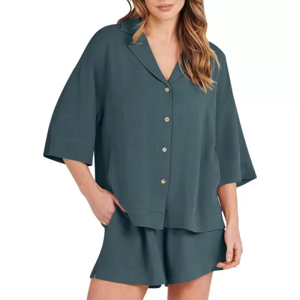imageANRABESS Womens Summer 2 Piece Outfits Linen Sets Short Sleeve Button Tops Casual Lounge Shorts Sets with PocketsGrey Green