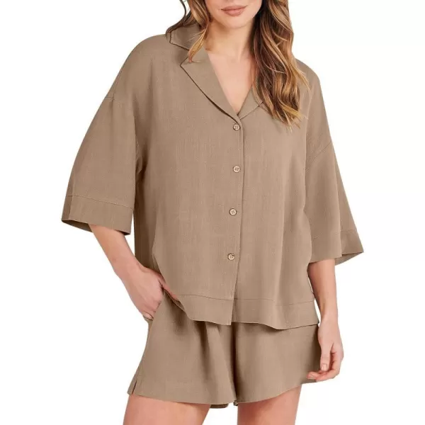 imageANRABESS Womens Summer 2 Piece Outfits Linen Sets Short Sleeve Button Tops Casual Lounge Shorts Sets with PocketsKhaki
