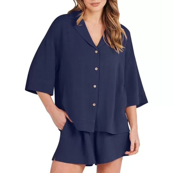 imageANRABESS Womens Summer 2 Piece Outfits Linen Sets Short Sleeve Button Tops Casual Lounge Shorts Sets with PocketsRoyal Blue