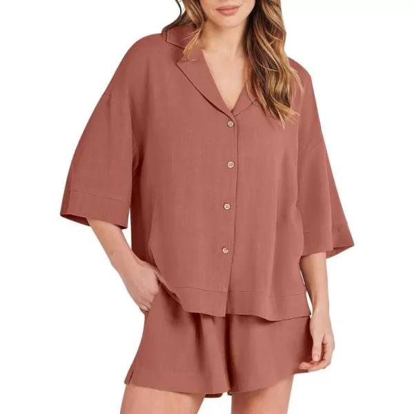 imageANRABESS Womens Summer 2 Piece Outfits Linen Sets Short Sleeve Button Tops Casual Lounge Shorts Sets with PocketsRust