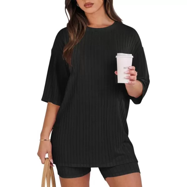 imageANRABESS Womens Summer 2 Piece Outfits Lounge Sets Ribbed Knit Short Sleeve Loose Top and Biker Shorts TracksuitBlack