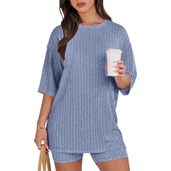 imageANRABESS Womens Summer 2 Piece Outfits Lounge Sets Ribbed Knit Short Sleeve Loose Top and Biker Shorts TracksuitBlue