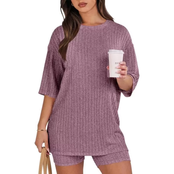 imageANRABESS Womens Summer 2 Piece Outfits Lounge Sets Ribbed Knit Short Sleeve Loose Top and Biker Shorts TracksuitBurgundy