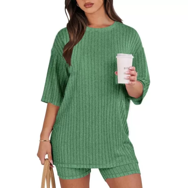imageANRABESS Womens Summer 2 Piece Outfits Lounge Sets Ribbed Knit Short Sleeve Loose Top and Biker Shorts TracksuitGrass