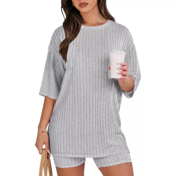 imageANRABESS Womens Summer 2 Piece Outfits Lounge Sets Ribbed Knit Short Sleeve Loose Top and Biker Shorts TracksuitGray