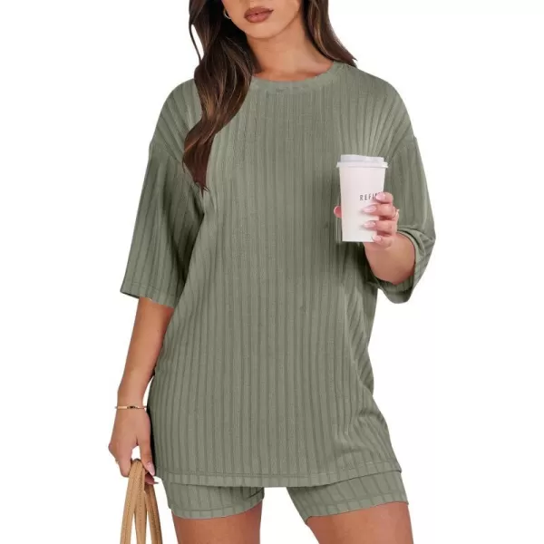 imageANRABESS Womens Summer 2 Piece Outfits Lounge Sets Ribbed Knit Short Sleeve Loose Top and Biker Shorts TracksuitGreen