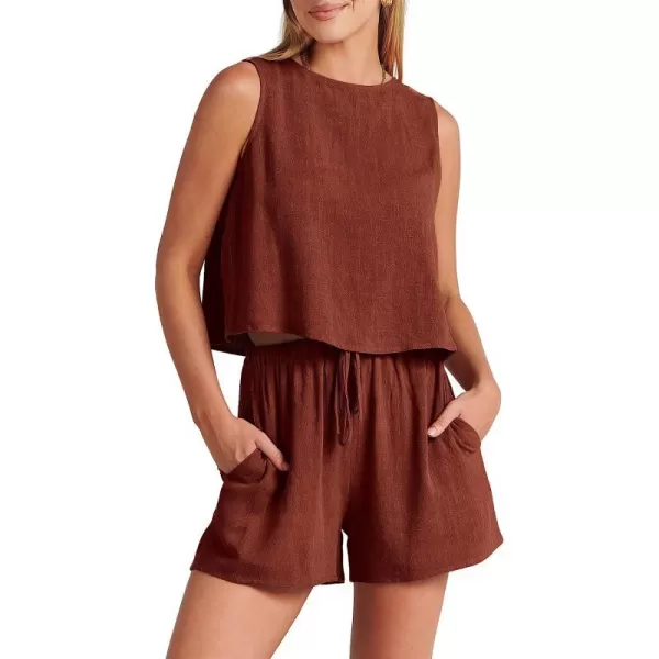 imageANRABESS Womens Summer 2 Piece Outfits Shorts Sets Sleeveless Crop Top Tank and High Waisted Shorts Romper PocketsBrown