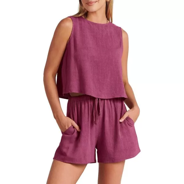 imageANRABESS Womens Summer 2 Piece Outfits Shorts Sets Sleeveless Crop Top Tank and High Waisted Shorts Romper PocketsFuchsia