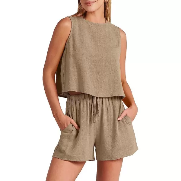 imageANRABESS Womens Summer 2 Piece Outfits Shorts Sets Sleeveless Crop Top Tank and High Waisted Shorts Romper PocketsKhaki