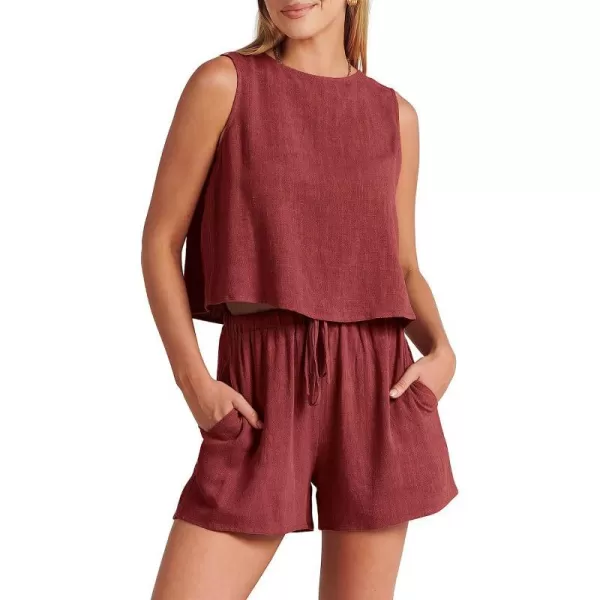 imageANRABESS Womens Summer 2 Piece Outfits Shorts Sets Sleeveless Crop Top Tank and High Waisted Shorts Romper PocketsMaroon
