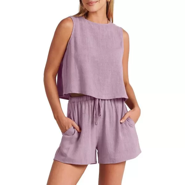 imageANRABESS Womens Summer 2 Piece Outfits Shorts Sets Sleeveless Crop Top Tank and High Waisted Shorts Romper PocketsPurple
