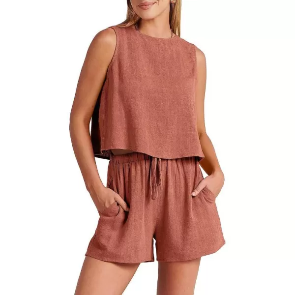 imageANRABESS Womens Summer 2 Piece Outfits Shorts Sets Sleeveless Crop Top Tank and High Waisted Shorts Romper PocketsRust