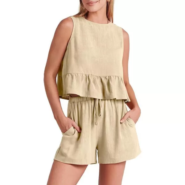 imageANRABESS Womens Summer 2 Piece Outfits Shorts Sets Sleeveless Ruffle Crop Top Tank and Drawstring Shorts RomperApricot